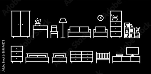 Furniture in vector isolated. Furniture icons. Interior of the room. Continuous line interior with sofa, bed, chair, armchair, lamp, table, wardrobe and bedside table. Contour furniture.  Living room
