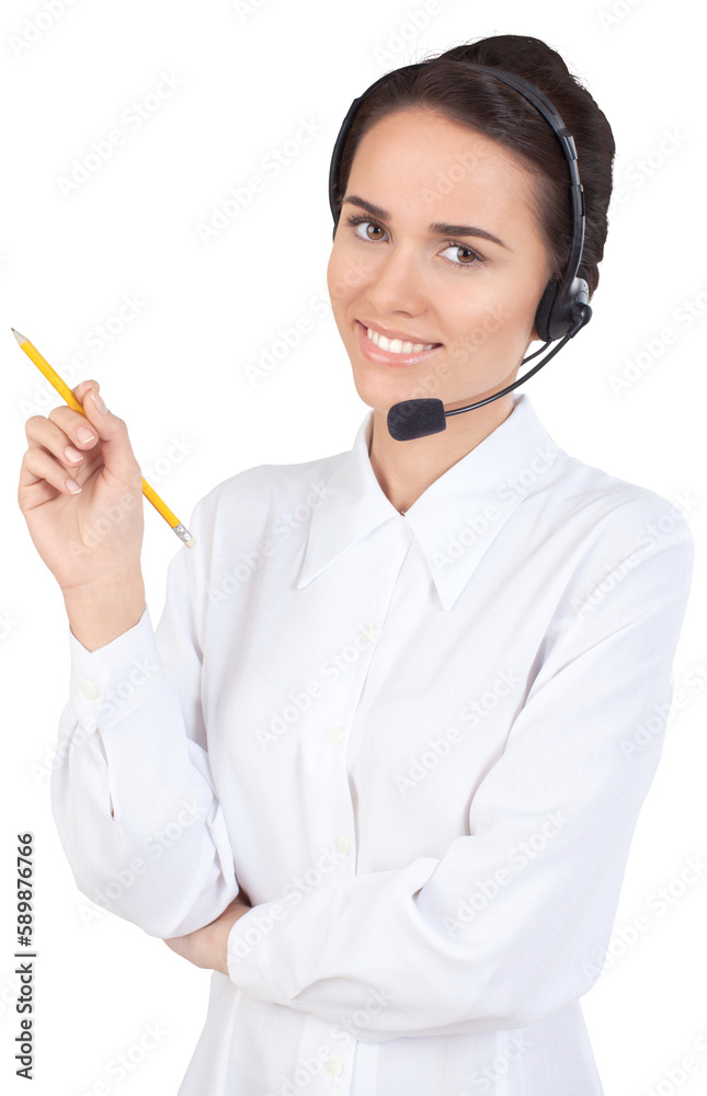 Young woman with headphones, call center or support concept Young woman with headphones, call center or support concept