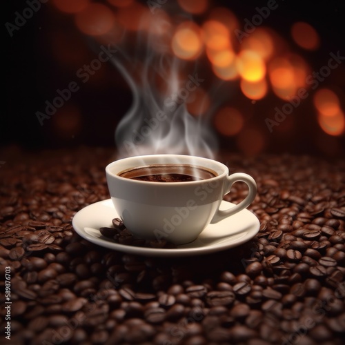 A steaming cup of coffee sits on top of an array of brown beans, creating a warm and inviting atmosphere with the steam rising from it.