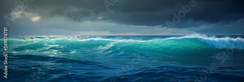 Abstract ocean waves in the storm. Ocean or sea during storm in the night. Long banner of sea waves and dark clouds on background