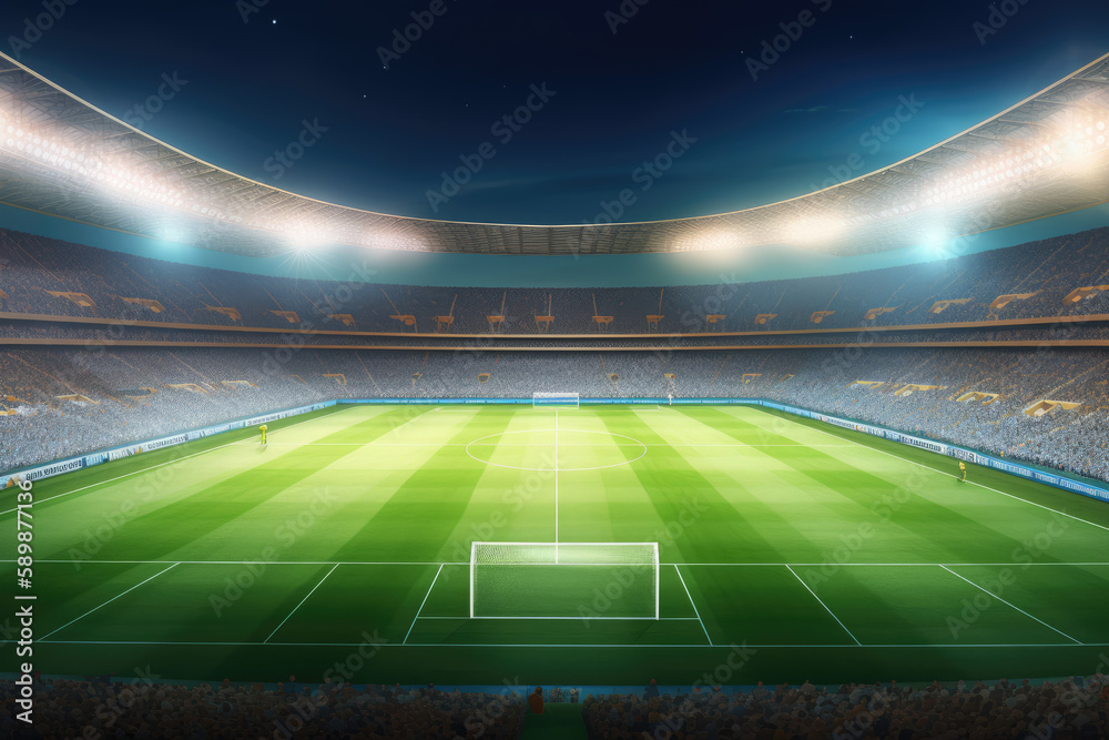 Grand stadium full of spectators expecting an evening match on the green grass field. Sport building 3D professional background illustration Grand stadium full of spectators expecting an evening match on the green grass field. Sport building 3D professional background illustration