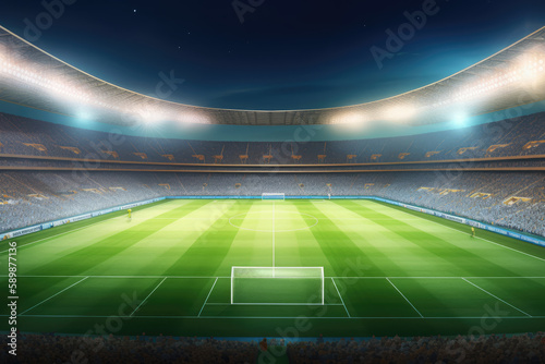 Grand stadium full of spectators expecting an evening match on the green grass field. Sport building 3D professional background illustration © Kateryna