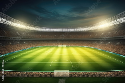 Grand stadium full of spectators expecting an evening match on the green grass field. Sport building 3D professional background illustration