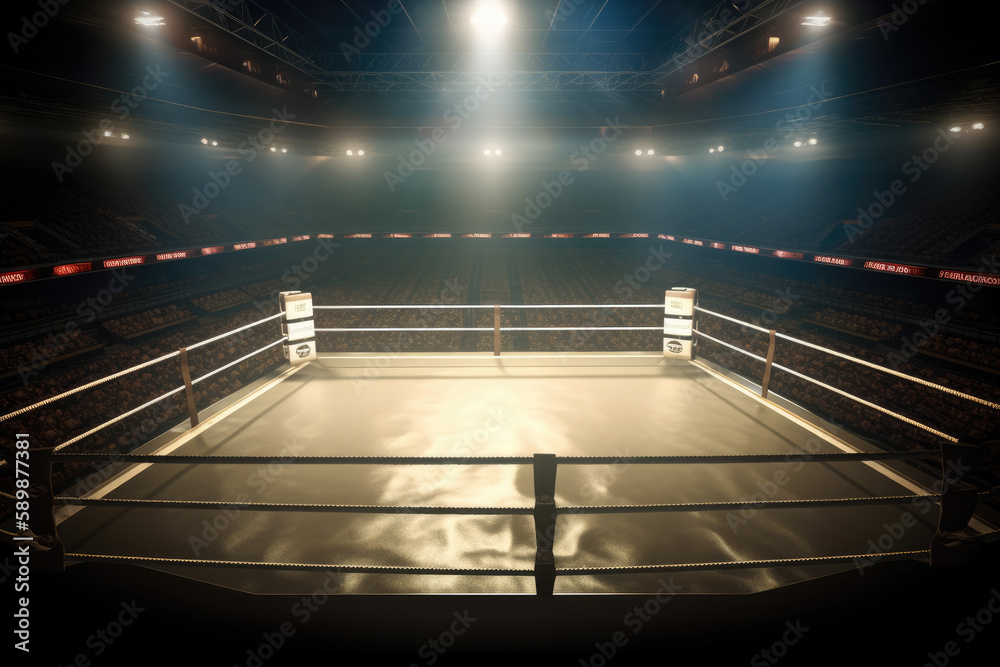 Boxing fight ring. Interior upper view of sport arena with fans and shining spotlights. Digital sport 3D illustration