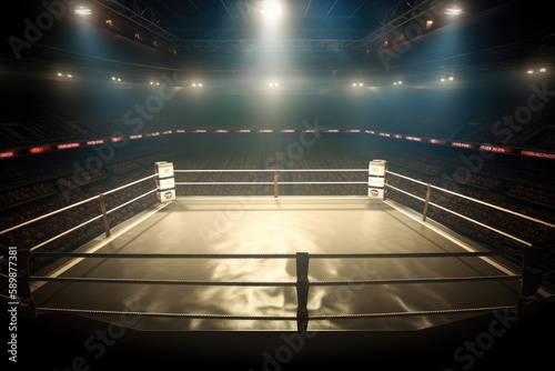 Boxing fight ring. Interior upper view of sport arena with fans and shining spotlights. Digital sport 3D illustration