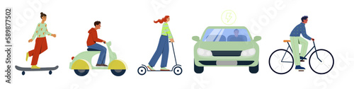 Set of electric vehicles. Men and women drive electric car, bike, bicycle, scooter and skateboard. Character move on eco friendly transport. Cartoon flat vector collection isolated on white background