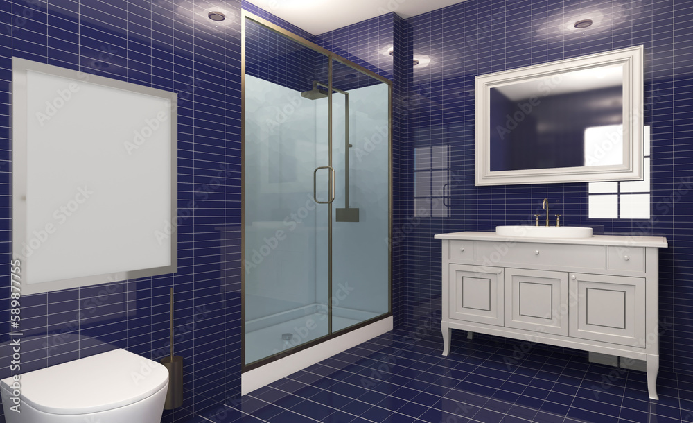 Modern bathroom: unique design with bright blue ceramic tiles. 3D rendering.. Empty paintings Modern bathroom: unique design with bright blue ceramic tiles. 3D rendering.. Empty paintings