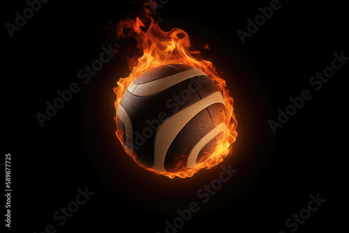 Flying volleyball ball in burning flames close up on dark brown background. Classical sport equipment as conceptual 3D illustration