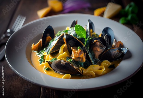 Blue mussels in creamy wine sauce, healthy Italian cuisine served for lunch in modern gourmet restaurant. Generative AI