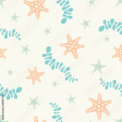 marine seamless pattern with starfish and seaweed