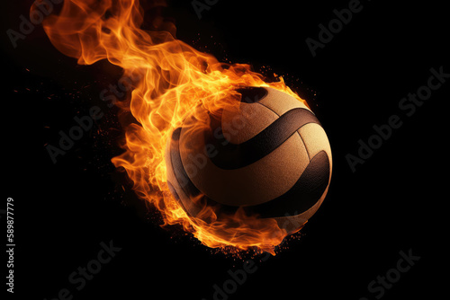 Flying volleyball ball in burning flames close up on dark brown background. Classical sport equipment as conceptual 3D illustration © Kateryna