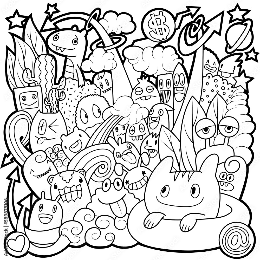 Fototapeta premium Hand-drawn illustrations, monsters doodle, Hand Drawn cartoon monster illustration,Cartoon crowd doodle hand-drawn Doodle style.black and white stripes coloring book.