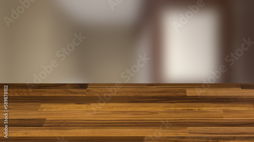 Contemporary interior of public toilet. 3D rendering., Background with empty wooden table. Flooring.