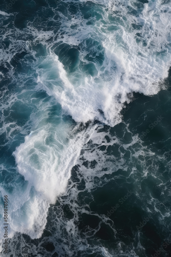 coastal waves surface stormy landscape ocean top down view - by generative ai