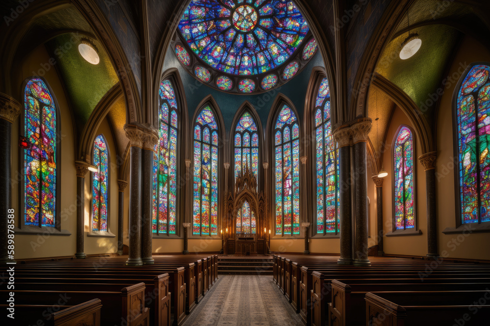 Church with a colorful stained-glass window created with AI