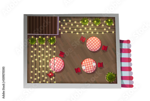 Architectural element top view. Romantic cafe or restaurant with garland and furniture on roof of building. Object for map, design project or plan. Cartoon flat vector illustration isolated on white