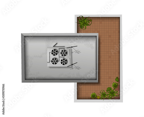 Architectural element top view. Flat roof of house or apartment and backyard with tiles. Object for map, design project or plan. Cartoon flat vector illustration isolated on white background