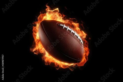 Flying american football ball in burning flames close up on dark brown background. Classical sport equipment as conceptual 3D illustration
