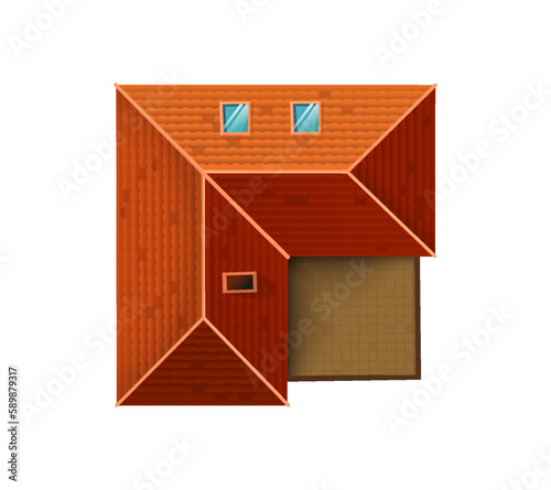 Architectural element top view. Gable roof of house with brown tiles, chimney and windows. Object for map, design project or plan. Cartoon flat vector illustration isolated on white background