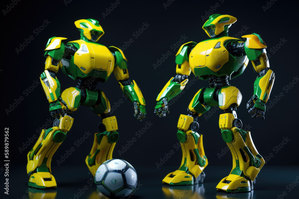 Two futuristic robots before match in yellow and green color Two futuristic robots before match in yellow and green color