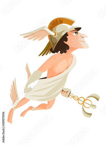 Hermes or Mercury - deity of trade, commerce and merchants of Greek and Roman pantheon, messenger of Olympian gods. Male mythical character wearing winged helmet. Flat cartoon vector illustration