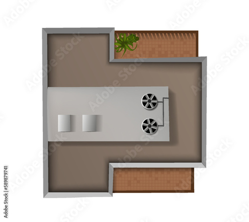 Architectural element top view. Flat roof of building or skyscraper and backyard. Urban landscape. Object for map, design project or plan. Cartoon flat vector illustration isolated on white background