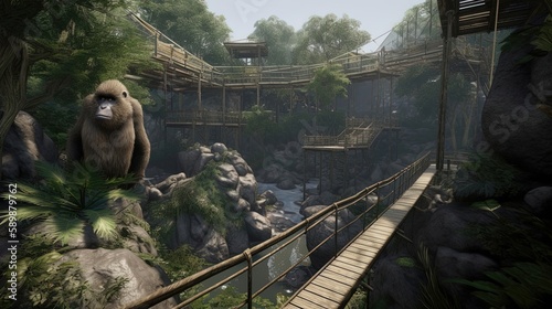 A lush gorilla habitat with a naturalistic climbing structure, allowing these magnificent primates to thrive in a stimulating environment. Generated by AI.
