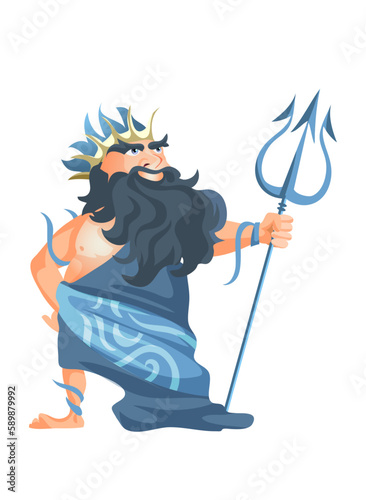 Ancient Greek god of sea and waters Poseidon, vector man in crown with gold trident religion and myth. Greece traditions and rituals isolated male character theology and legend Neptune ocean king