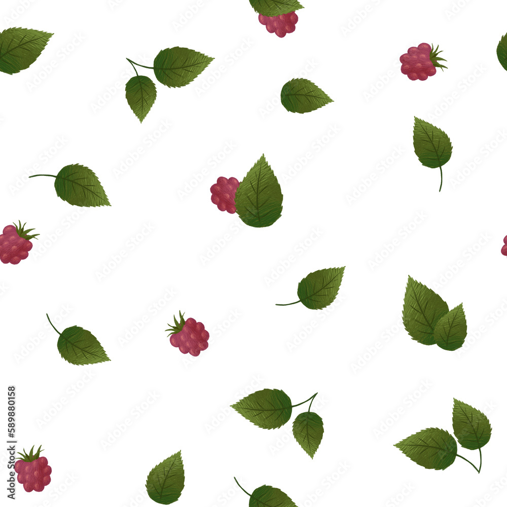 Raspberry seamless pattern. Berries and leaves isolated on white background Raspberry seamless pattern. Berries and leaves isolated on white background