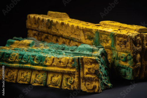 Wo parts of ancient relic colored in yellow and green