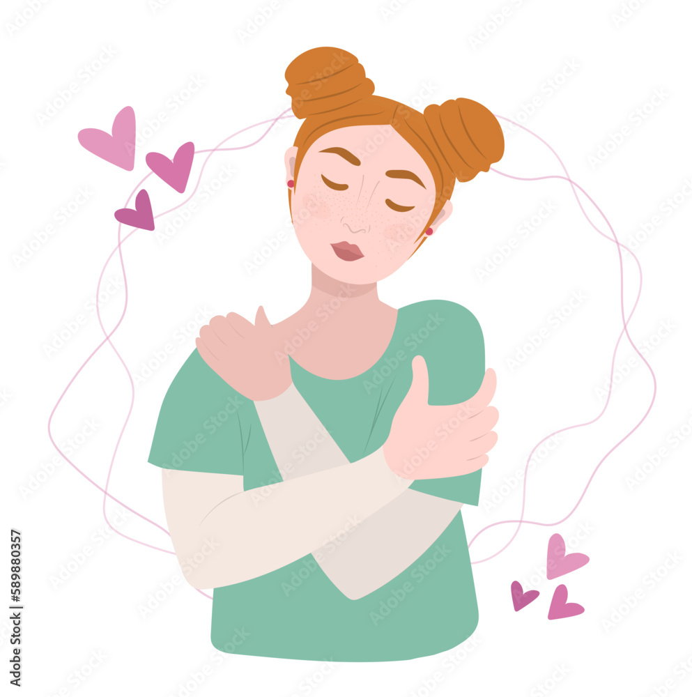 Love yourself concept, woman hugging herself, illustration in cartoon flat style Love yourself concept, woman hugging herself, illustration in cartoon flat style