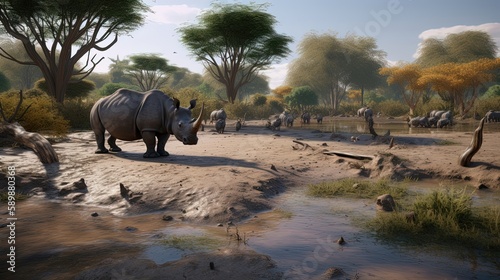 The lush and expansive rhino habitat is equipped with a refreshing mud wallow and ample shady areas, providing the perfect environment for these magnificent animals to thrive. Generated by AI.