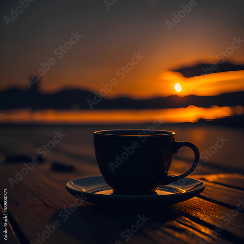 cup of coffee on sunset background