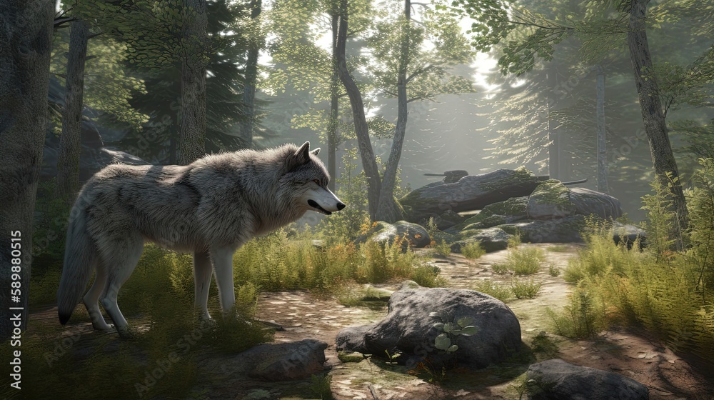 Wolves roam freely in their spacious habitat, complete with dense forested areas that mimic their natural environment. Generated by AI.