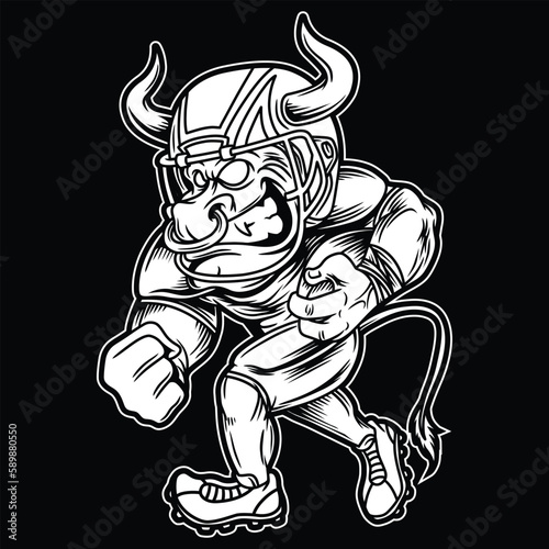 Bull Mascot American Football Black and White Illustration