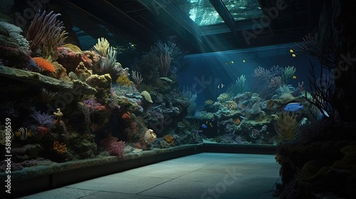 Immerse yourself in the underwater world at the marine life exhibit  where the vibrant colors and diverse species of coral and sea creatures come to life. Generated by AI.