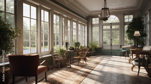 Colonial Revival sunroom boasts an elegant and timeless design. Generated by AI.
