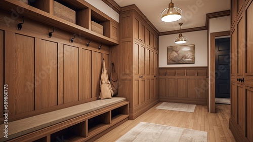 Craftsman mudroom is the epitome of functionality and organization. Generated by AI.