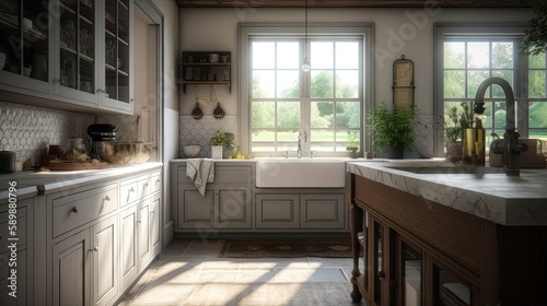 French Country kitchen boasts a gorgeous farmhouse sink  elegant white cabinetry  and dark wood floors  creating a chic and timeless space that is perfect for cooking. Generated by AI.