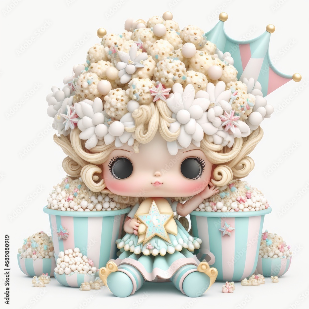 Popcorn Queen: A Sweet Little Girl Surrounded by Stars and Candy