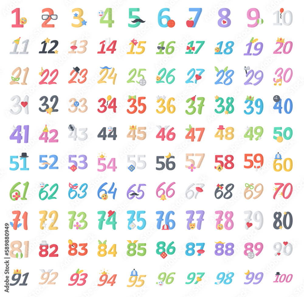 Numbers Flat Icons Figures Numerals Icon Set in Color Style 100 Vector Icons Numbers Flat Icons Figures Numerals Icon Set in Color Style 100 Vector Icons