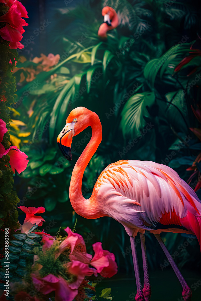 Fototapeta premium Tropical summer pink background with palm leaf, exotic animal concept. Flamingo, wild beautiful animal. Illustration, Generative AI.