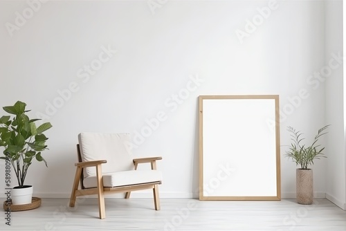 Blank picture frame on white wall. White living room design. View of modern japanese style interior with chair. Minimalism concept, interior idea - Generative AI © Hanjin