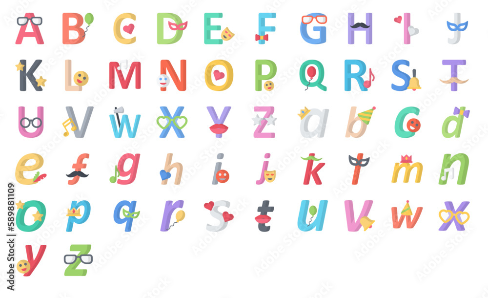 Alphabet Flat Icons ABC Letter School Education Icon Set in Color Style 52 Vector Icons