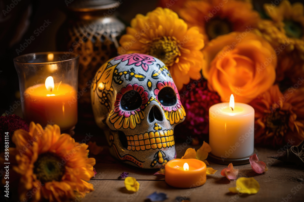 Skull with marigold flowers and candles in the background created with AI Skull with marigold flowers and candles in the background created with AI
