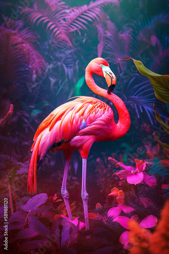 Tropical summer pink background with palm leaf, exotic animal concept. Flamingo, wild beautiful animal. Illustration, Generative AI. © Ljuba3dArt