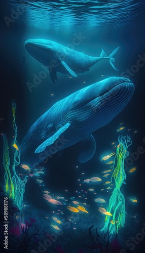 Glowing Wonders of the Underwater World: Bioluminescent Whales, Coral Reefs, and Glowing Fish in Stunning 8K Hyperrealism © Arnolt