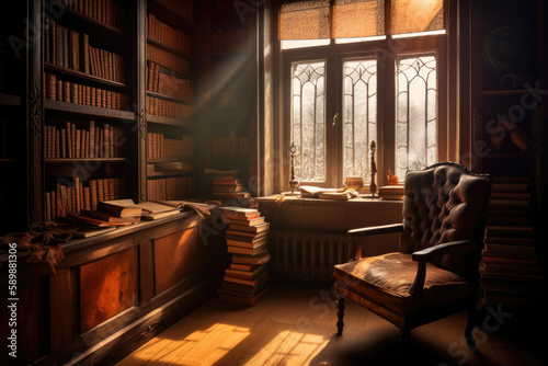 Bookshelf filled with books, warm light streaming in from a nearby window, and a comfortable chair created with AI