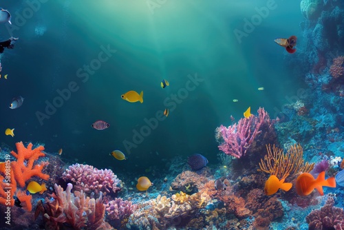 Vibrant Coral Reef Teeming with Diverse Marine Life in the Deep Blue Sea