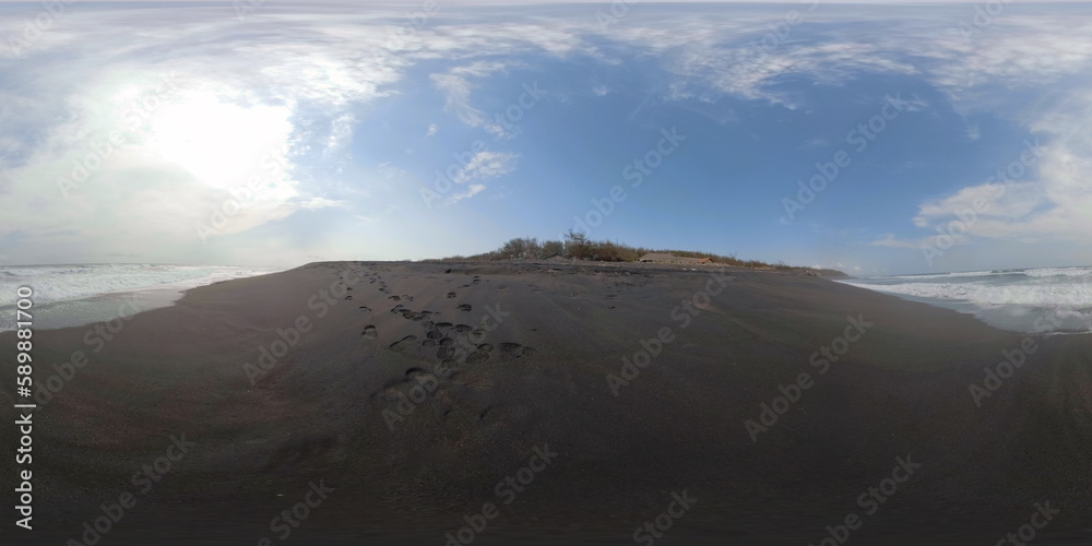 vr 360 sandy beach near ocean with big waves in tropical resort. aerial view seascape, ocean and beautiful beach. Travel concept. Indonesia, jawa